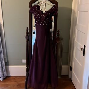 Purple evening dress. Never worn, size 10, short sleeve, bead, lace top